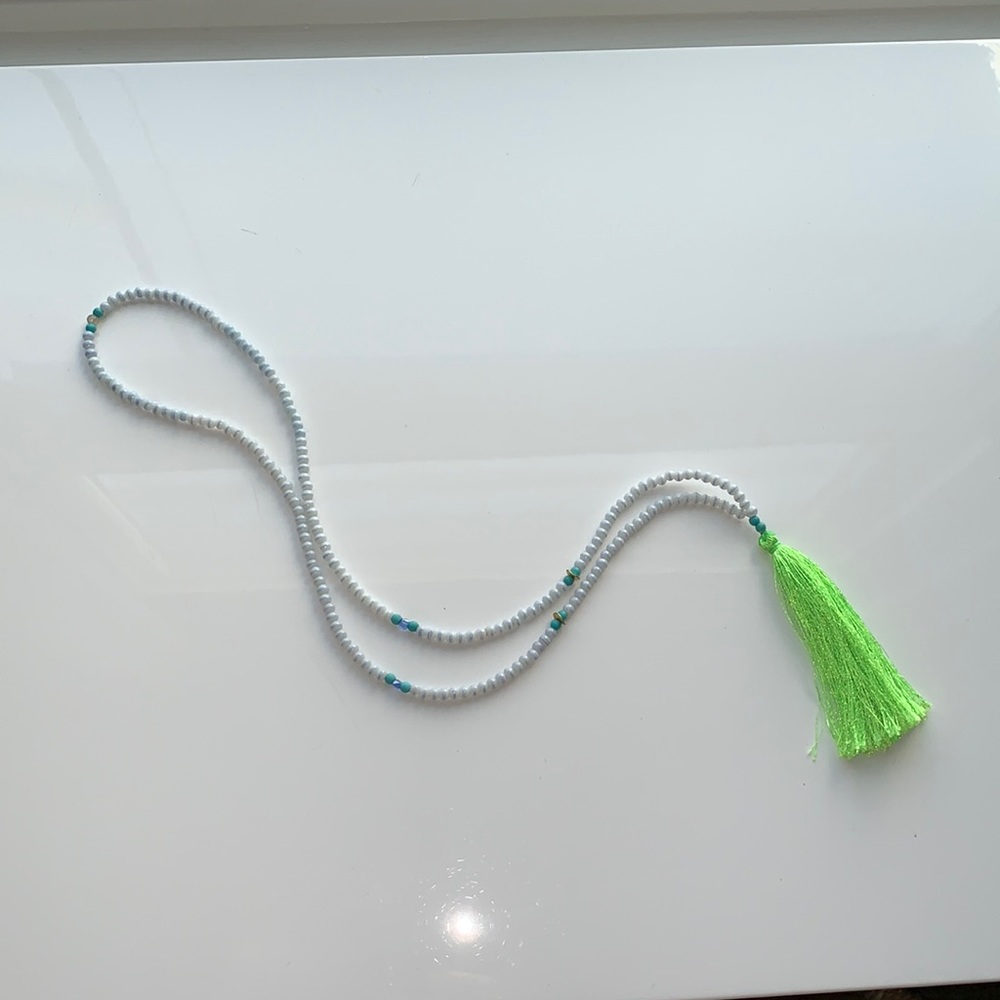 Beaded Tassel Necklace- lime green and blues